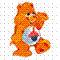 Pixelated orange Care Bear with a rainbow heart emblem on its chest, standing against a white background with gray grid dots.