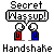 Pixel art of two figures shaking hands with text labels, one figure in red shirt and blue pants, the other in blue shirt and red pants, on gray background.