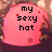 Pixelated pink circular icon with black text reading 'my sexy hat' centered on a blurred background.