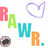 Pixelated text 'RAW' in red, green, cyan, and orange letters with a purple heart outline above and a pixelated eye icon below on white background.