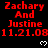 Red text on black background reads 'Zachary And Justine 11.21.08' with white pixel hearts, repeated in a pattern