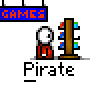 A 4x4 contact sheet of a pixel art animated icon showing a cartoon pirate character interacting with a slot machine, displaying various expressions and text bubbles across frames.
