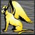 Animated icon of a yellow winged creature with dog-like features, shown in two states: one with eyes closed and another with eyes open.