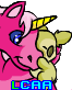 Pink unicorn with yellow horn and blue eyes holds green object, text "LCRA" below in cyan and magenta.