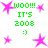 Green text and pink stars on white background with repeated 'WOO!!! IT'S 2008 :)' phrases in pixelated style.