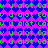 A static pixel art pattern featuring repeating blue heart shapes on a bright pink background with green text reading "u alot Caw" in a