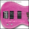 Pink electric bass guitar with black pickups and silver knobs, brown fretboard, and "A GIRLS BEST FRIEND" text in pink on the body.