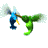 Animated contact sheet of a green hummingbird-like creature with blue head and yellow beak perched on a brown branch, showing sequential motion frames against white background.