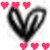 A black heart-shaped outline with pink hearts floating above and below it on a white background.