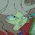 Pixelated static image with abstract green, red, and gray shapes against a muted background.