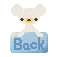 Pixel art contact sheet of a white koala mascot with brown eyes and yellow nose, positioned atop blue rectangular blocks labeled 'Back', showing nine distinct poses across three rows and three columns.