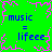 Green background with pink pixelated border and four identical blue text blocks reading "music = lifeee" arranged in a