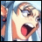 Pixelated anime-style character with light blue hair and wide eyes, mouth open in a shout, next to stylized text on a black background.