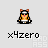 Pixel art character in orange and black outfit with red accents, holding various props across animation frames, displayed on light gray background with repeated text below