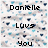Pixelated text reads 'Danielle' above 'Loves' and 'you' on a light blue and white pixelated background.