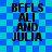 Blue and cyan checkered background with black text reading "BFFLS ALI AND JULIA" in four identical positions