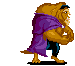 Pixelated character in purple robe and blue pants walking left to right with arms crossed, brown fur, black cap, gray background.