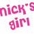 A pixelated image with pink text reading 'nick's girl' on the left and a person in a gray sweater over a white collared shirt on the right.