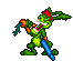 Green cartoon character with red headband and blue shield, holding orange object in right hand, performing sequential attack animation against gray background.