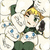 Pixelated anime-style character with blonde hair and green eyes, wearing a dark green outfit with blue accents, holding a black object near their face against a light background.