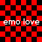 Red and black checkered background with repeated 'emo love' text in white, featuring a pixelated animation of the right side distorting into fragmented shapes.