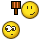 Yellow circular emoji with brown border, two vertical black eyes and a curved mouth; one version holds a pixelated brown gavel with orange stripes.