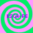 Four identical green and pink spiral patterns arranged in a with purple text 'ESCA-PE' overlaid on each spiral