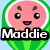 Pixelated watermelon slice with smiling face and text 'Maddie' below, set against light blue background.