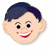 Five cartoon-style head icons with dark blue hair, light skin, and red lips showing various expressions including smiling, winking, and open-mouthed grins.