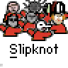 Pixel art contact sheet showing two frames of an animated Slipknot buddy icon with red-clad band members and text promoting badassbuddy.com