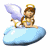 Animated angel with brown hair and golden halo sits on light blue cloud, wings shift from purple to white across frames.