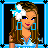 A 4x3 contact sheet of a pixel art animated buddy icon showing a female character with brown hair, white flower accessory, blue square earrings, and various outfits alongside