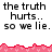 Pixelated text repeats 'the truth hurts.. so we lie.' across two with red jagged borders above and below
