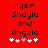 Red background with black pixelated text reading 'ilysm Shayla and Angela' above five white hearts, one pink heart in the center.