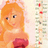 Pixelated image of a cartoon character with long orange hair, dark eyes, and a pink mouth wearing a red dress against a light background.