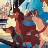 Pixelated 48x48 static buddy icon featuring a cartoon dog character with brown fur, blue collar, and white chest patch against a blurred background of yellow and blue tones.