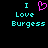 Pixelated text and heart symbol on black background, with cyan letters 'I Love Burgess' and a pink pixel-art heart replacing the word 'Love'.
