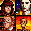 Pixelated character portraits with varying expressions and backgrounds including stars, flames, and bookshelves.