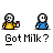 Animated contact sheet of 17 pixel art frames showing two stick figures interacting with milk bottles and speech bubbles, arranged in a grid on gray background.