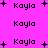 Pixelated text "Kayla" appears in multiple positions on a bright pink background with scattered black plus signs, some of which change size or position across frames.