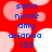 Red background with pink and white circles; blue text listing names and a smiley face in two vertical