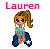 Pixelated cartoon-style buddy icon featuring a female character with long brown hair in a ponytail, wearing a turquoise top and dark blue pants, positioned below pink text reading "Lauren" on a white background.