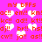 Pixelated pink background with repeated orange text and white heart shapes scattered throughout the image.