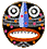 Two circular pixelated icons side-by-side: left shows a face with large spiral eyes, blue nose, orange mouth; right shows a face with red eyes and white features on dark background.