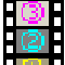 Pixelated film strip with numbered frames and a blue curved film segment, alongside a silver camera lens and cyan film reel.