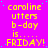 Yellow pixelated text on a bright pink background with scattered blue dots, repeating 'caroline utters b-day is..... FRIDAY!' four times in vertical