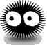 Six black spiky round icons with white eyes in various expressions arranged in a 3x2 contact sheet on gray background