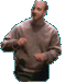 A man in a gray sweater and dark pants appears in three sequential poses against a light gray background, showing slight variations in arm position and head orientation.