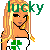 Pixel art icon of a cartoon woman with long blonde hair wearing a white top with green clover, green text "lucky" above her head, and visible pixelation artifacts.
