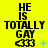 Yellow background with black text reading "HE IS TOTALLY GAY" and a pixelated <33 symbol, accompanied by animated blue plus signs that change to stars then dots.